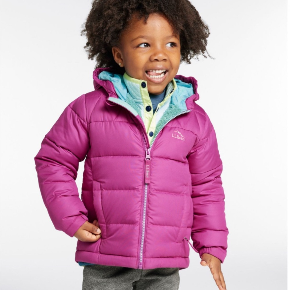 L.L. Bean Girls' Puffer Jacket in Bright Magenta with Aqua Lining